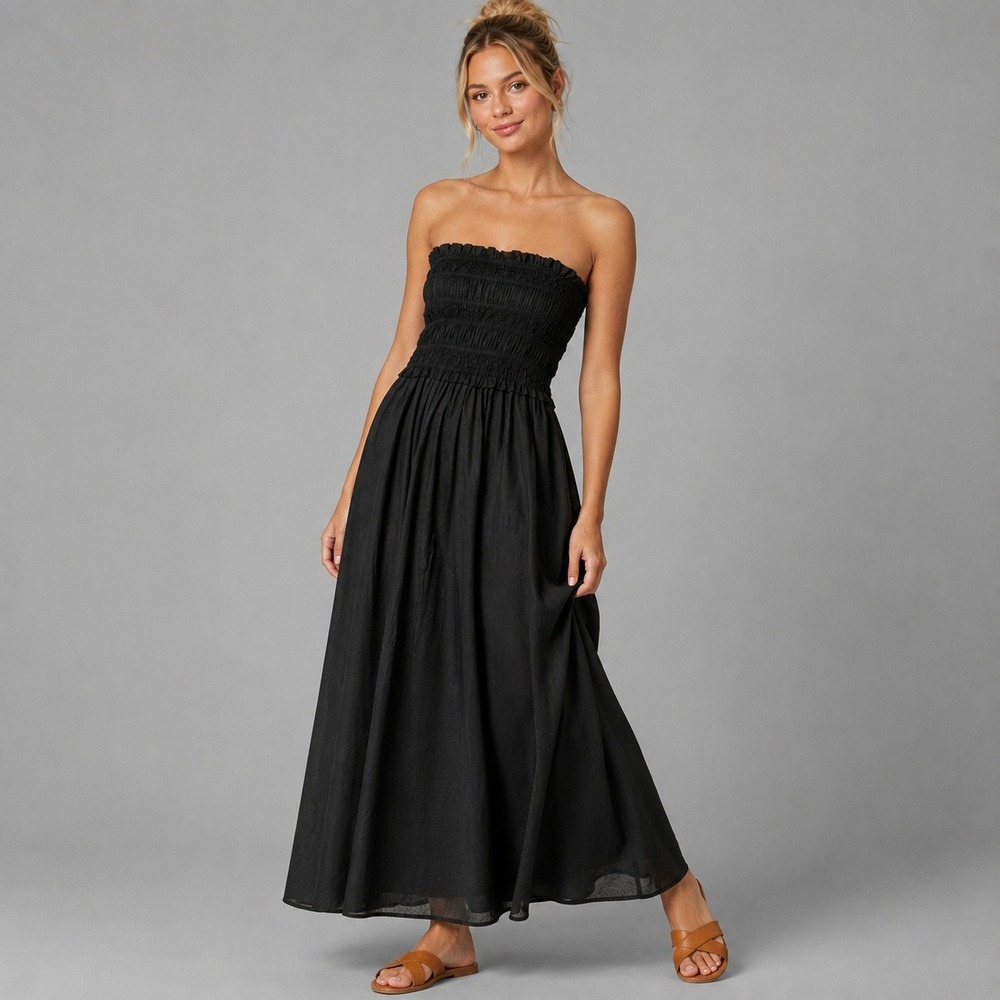 J.Crew Maxi Dress Size Medium Smocked Cotton Voile Black Pockets Removable Strap